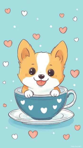 Cute cartoon dog sitting in a teacup, with small hearts and polka dots around.