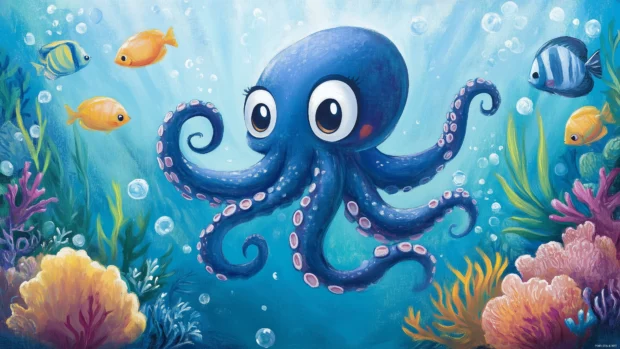 Cute chibi octopus painting on a canvas under the sea.