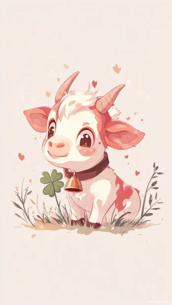 Cute cow mobile wallpaper with a cute bell collar, munching on a small clover with a playful wink, surrounded by tiny hearts and stars.