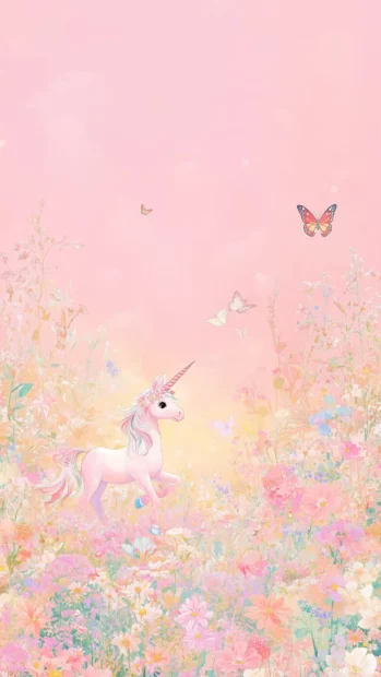 Cute iPhone background for girls with Adorable unicorns prancing through a field of flowers under a pink sunset, with butterflies fluttering around, all in soft, dreamy hues.