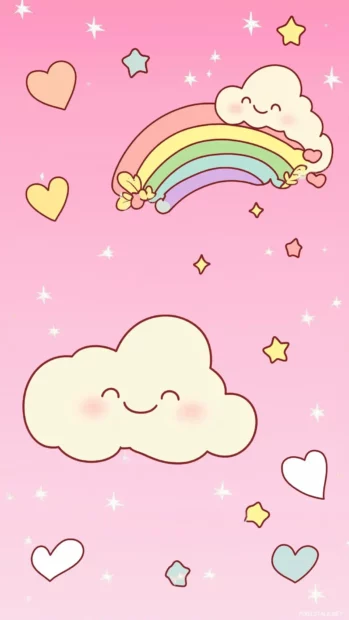 Cute mobile background for girls with a pastel pink background with kawaii style smiling clouds, stars, and rainbows floating across the sky, adorned with hearts and sparkles.