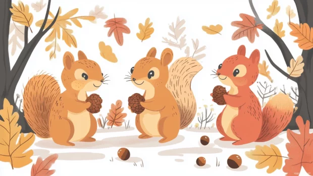 Cute squirrels gathering acorns, surrounded by colorful falling leaves.