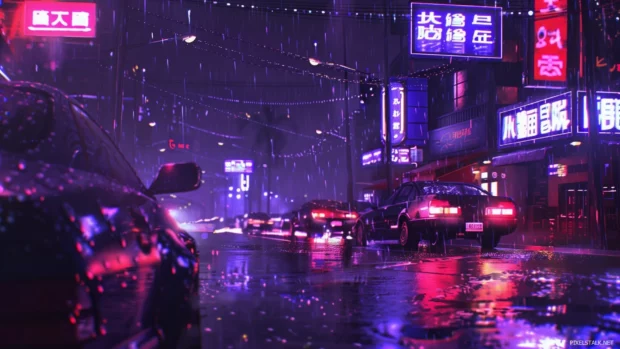 Cyberpunk street HD wallpaper with rain soaked roads and cool neon signs.