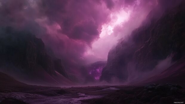 Dark purple storm clouds rolling in over a mountain range, casting dramatic shadows and creating a mysterious, moody vibe.