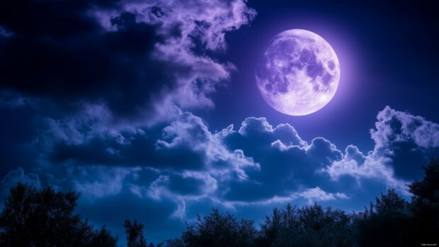 Deep violet clouds illuminated by the moonlight in a twilight sky.