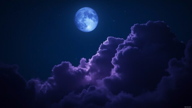 Deep violet clouds illuminated by the moonlight in a twilight sky, giving off an otherworldly glow.