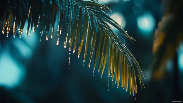 Dewy tropical palm leaves.