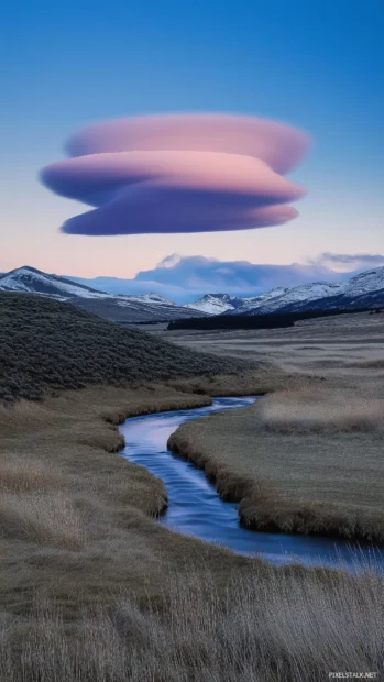 Dreamy blue clouds  wallpaper with subtle hints of purple, hovering over a tranquil landscape at dusk, the perfect blend of sky and clouds.