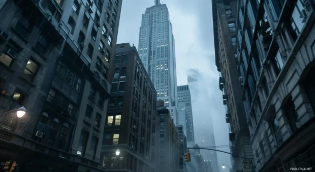 Dystopian cityscape background with cool towering skyscrapers and dark alleys.