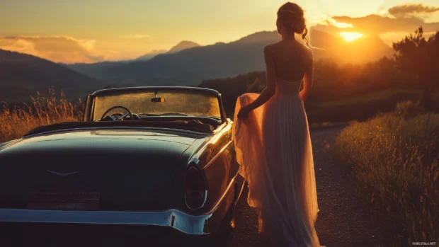 Elegant woman in a flowing dress standing beside a vintage vintage car, with a scenic mountain view at sunset.