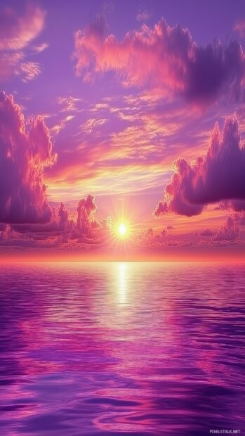 Ethereal purple clouds floating over a calm sea.