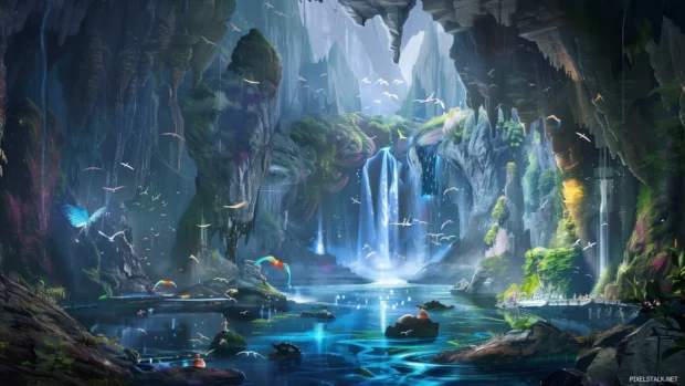 Fantasy landscape wallpaper HD with a cool magical waterfall and enchanted creatures.