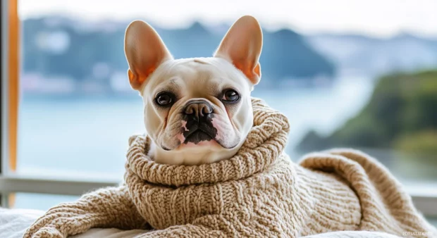 French Bulldog in a cute sweater, relaxing by a window with a scenic view.