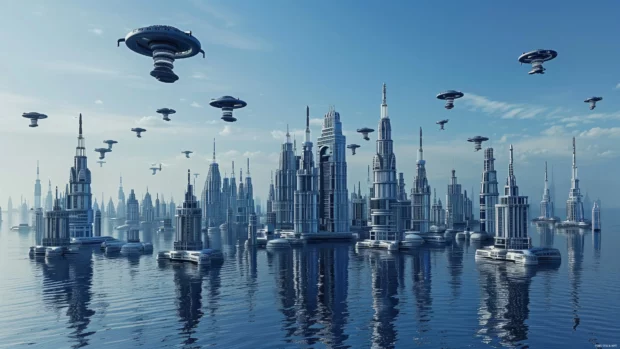 Futuristic city wallpaper with cool flying cars and skyscrapers.