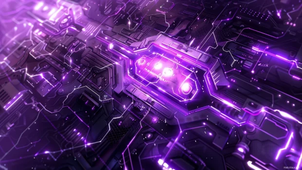 Futuristic cool purple wallpaper with digital elements and neon accents.