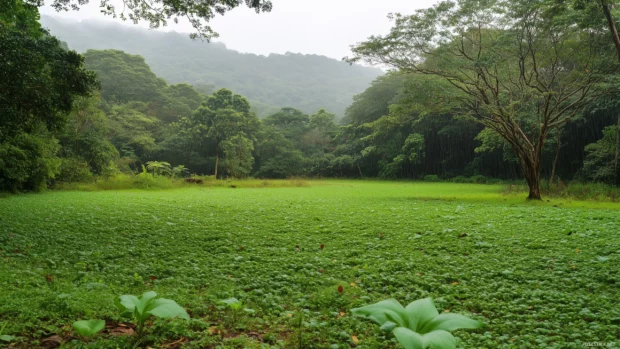 Gentle rain falling on a peaceful forest clearing with lush green leaves glistening under raindrops.