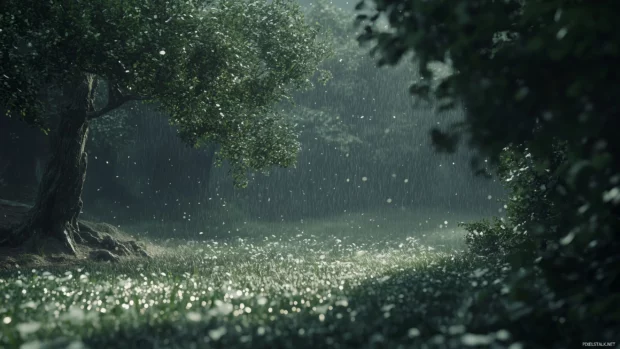 Gentle rain falling on a peaceful forest clearing with lush green leaves glistening under raindrops, soft mist floating in the air.