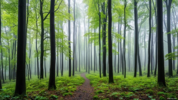 Gentle rain falling on a peaceful forest clearing with lush green leaves glistening under raindrops, soft mist floating in the air, calm and serene atmosphere.