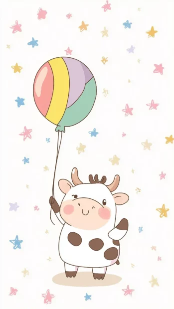 Happy Kawaii style cow holding a colorful balloon, with a pastel background and tiny stars, perfect for a cute and fun wallpaper.