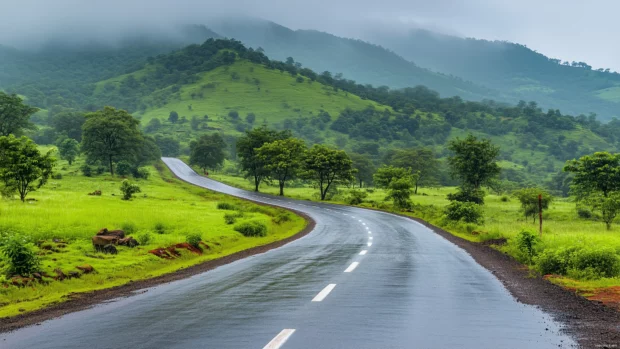 Heavy downpour on a mountain road surrounded by lush greenery, wet asphalt shining from the reflection of gray sky.