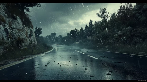 Heavy downpour on a mountain road surrounded by lush greenery, wet asphalt shining from the reflection of gray sky, fog rolling in.