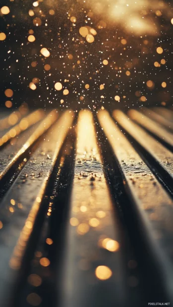 Heavy rain splashing on a metallic rooftop at sunset, golden reflections of sunlight on the wet metal, water droplets mid splash in motion.