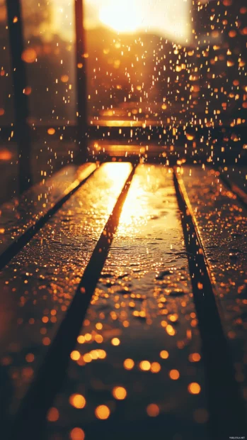 Heavy rain splashing on a metallic rooftop at sunset, golden reflections of sunlight on the wet metal, water droplets mid splash in motion.