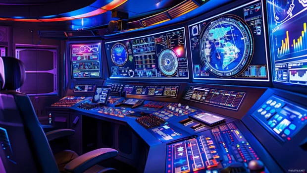 High tech control room with holographic displays and cool gadgets.