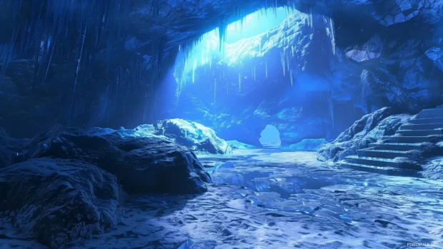 Ice cave interior with cool sparkling ice formations and blue hues.