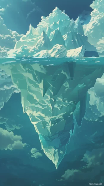 Icebergs floating in a sea with a cool blue tint.