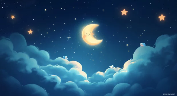 Kawaii Desktop background with cute animals in pajamas, looking up at smiling stars and a friendly moon.