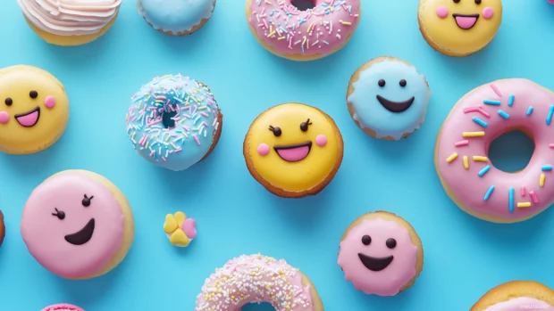 Kawaii background HD of cute desserts like cupcakes, donuts, and macarons with happy faces.