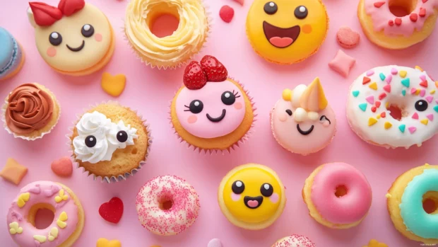 Kawaii background with a playful arrangement of cute desserts like cupcakes, donuts, and macarons with happy faces.