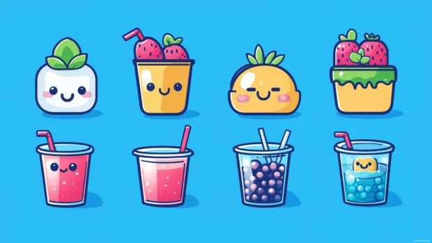 Kawaii background with a playful depiction of cartoonish food characters, like a smiling sushi roll and cheerful boba tea.