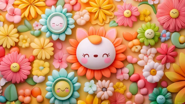 Kawaii background with a whimsical garden filled with blooming flowers, each with adorable faces and bright colors.