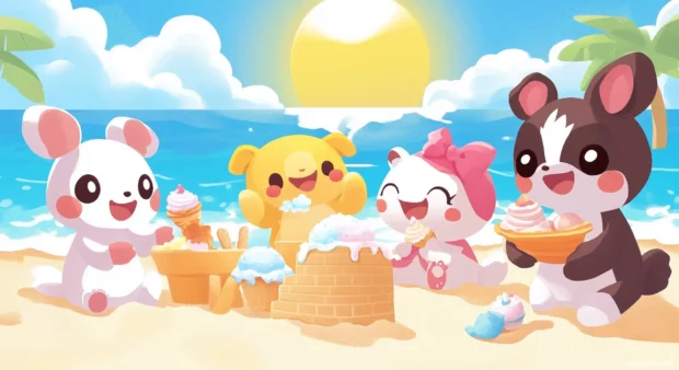 Kawaii background with adorable cartoon animals building sandcastles and enjoying ice cream under a bright sun.