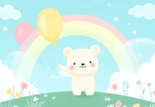 Kawaii background with an adorable bear holding a balloon.