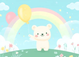 Kawaii background with an adorable bear holding a balloon.