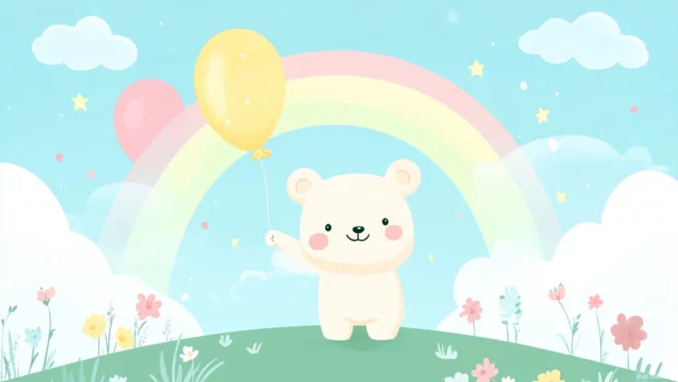 Kawaii background with an adorable bear holding a balloon.