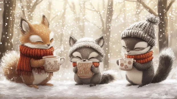 Kawaii background with cute animals bundled up in scarves and hats, playing in the snow and sipping hot cocoa.