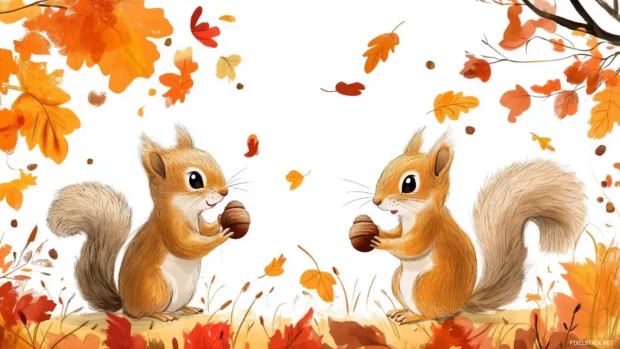 Kawaii background with cute squirrels gathering acorns, surrounded by colorful falling leaves.