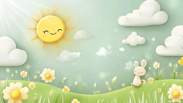 Kawaii desktop HD background with fluffy clouds and smiling suns, with adorable animals playing among the flowers.