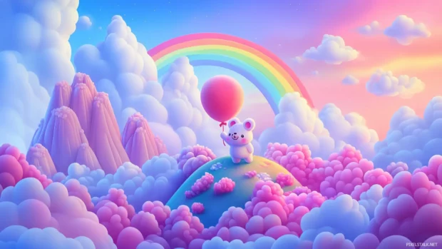 Kawaii desktop wallpaper with an adorable bear holding a balloon, standing on a hill with a rainbow in the background.