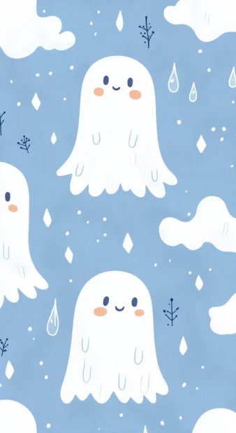 Kawaii ghost wallpaper with simple hand drawn style ghosts floating on a pastel blue background, surrounded by stars, raindrops, and tiny clouds.