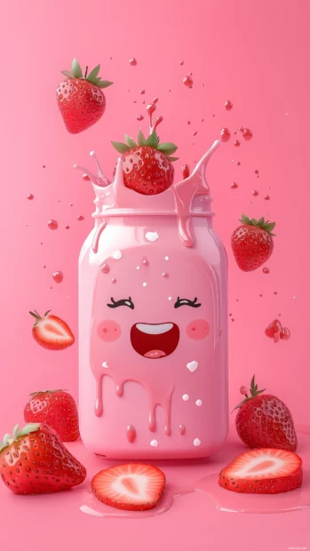 Kawaii strawberry milk carton with a happy face, surrounded by strawberry slices and splashes of strawberry milk.