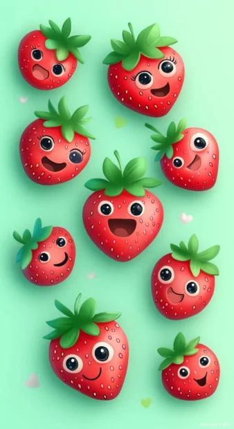 Kawaii style strawberries wallpaper with smiling faces and big eyes scattered on a soft pastel green background.