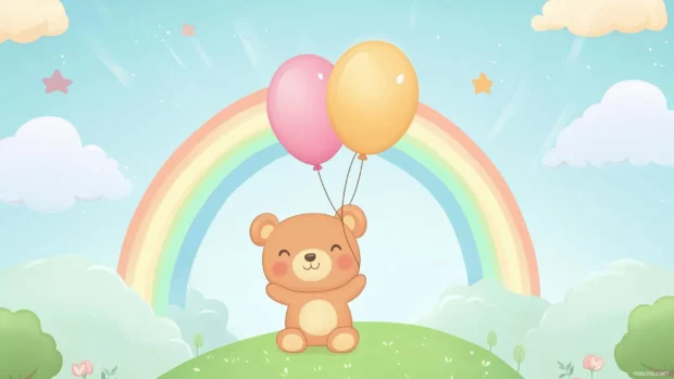 Kawaii wallpaper HD with an adorable bear holding a balloon, standing on a hill with a rainbow in the background.