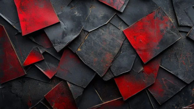 Layered dark geometric shapes with sharp edges and metallic textures, with subtle reflections of deep red and black.