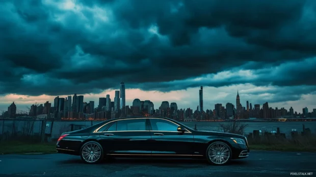 Luxurious black sedan with gold trim detailing, set against a dramatic cityscape background under a moody evening sky.