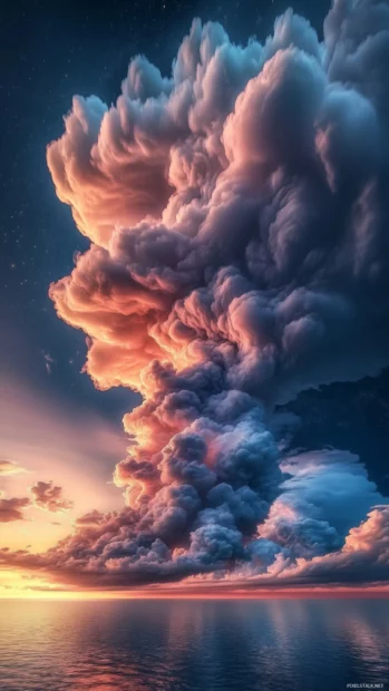 Majestic pink clouds swirling in a dramatic sky over an ocean horizon, with the last rays of the sun fading into night.